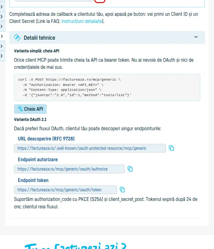 Detaliile tehnice: exemplul curl cu cheia API și endpointurile OAuth