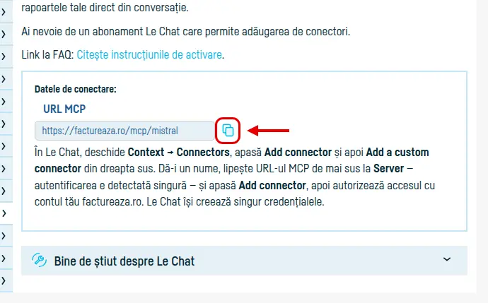 Pagina Integrări → Le Chat din factureaza.ro, cu URL-ul MCP și butonul de copiere