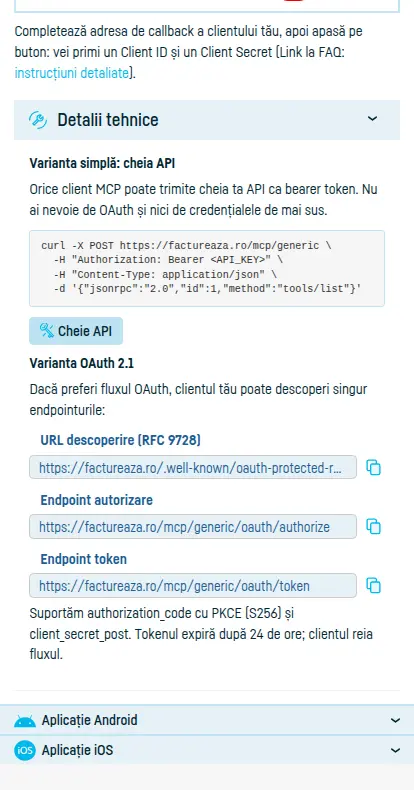 Detaliile tehnice: exemplul curl cu cheia API și endpointurile OAuth