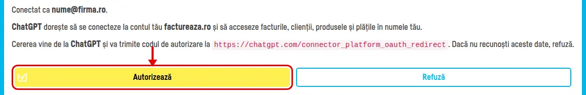 Pagina factureaza.ro de autorizare, cu butonul Autorizează încercuit