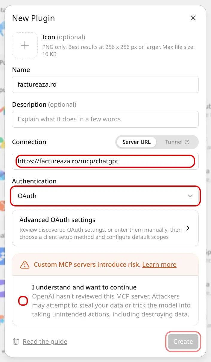 Fereastra New Plugin, cu Server URL, Authentication OAuth, bifa și butonul Create încercuite