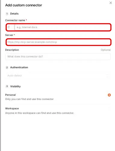 Panoul Add custom connector din Le Chat, cu câmpurile Connector name și Server încercuite