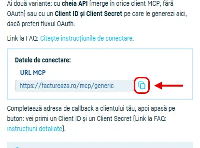 Pagina Integrări → MCP generic din factureaza.ro, cu URL-ul MCP și butonul de copiere