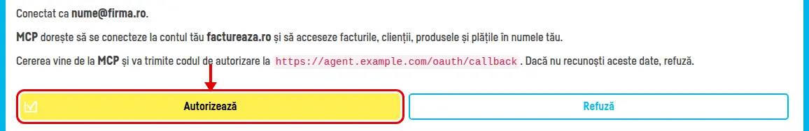 Pagina factureaza.ro de autorizare, cu butonul Autorizează încercuit