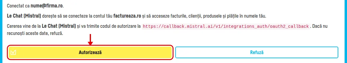 Pagina factureaza.ro de autorizare, cu butonul Autorizează încercuit