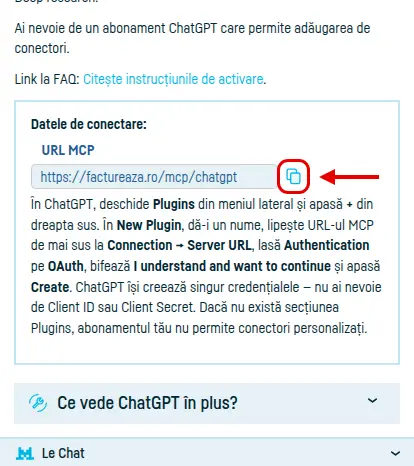 Pagina Integrări → ChatGPT din factureaza.ro, cu URL-ul MCP și butonul de copiere