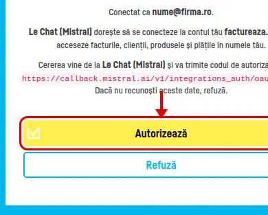 Pagina factureaza.ro de autorizare, cu butonul Autorizează încercuit