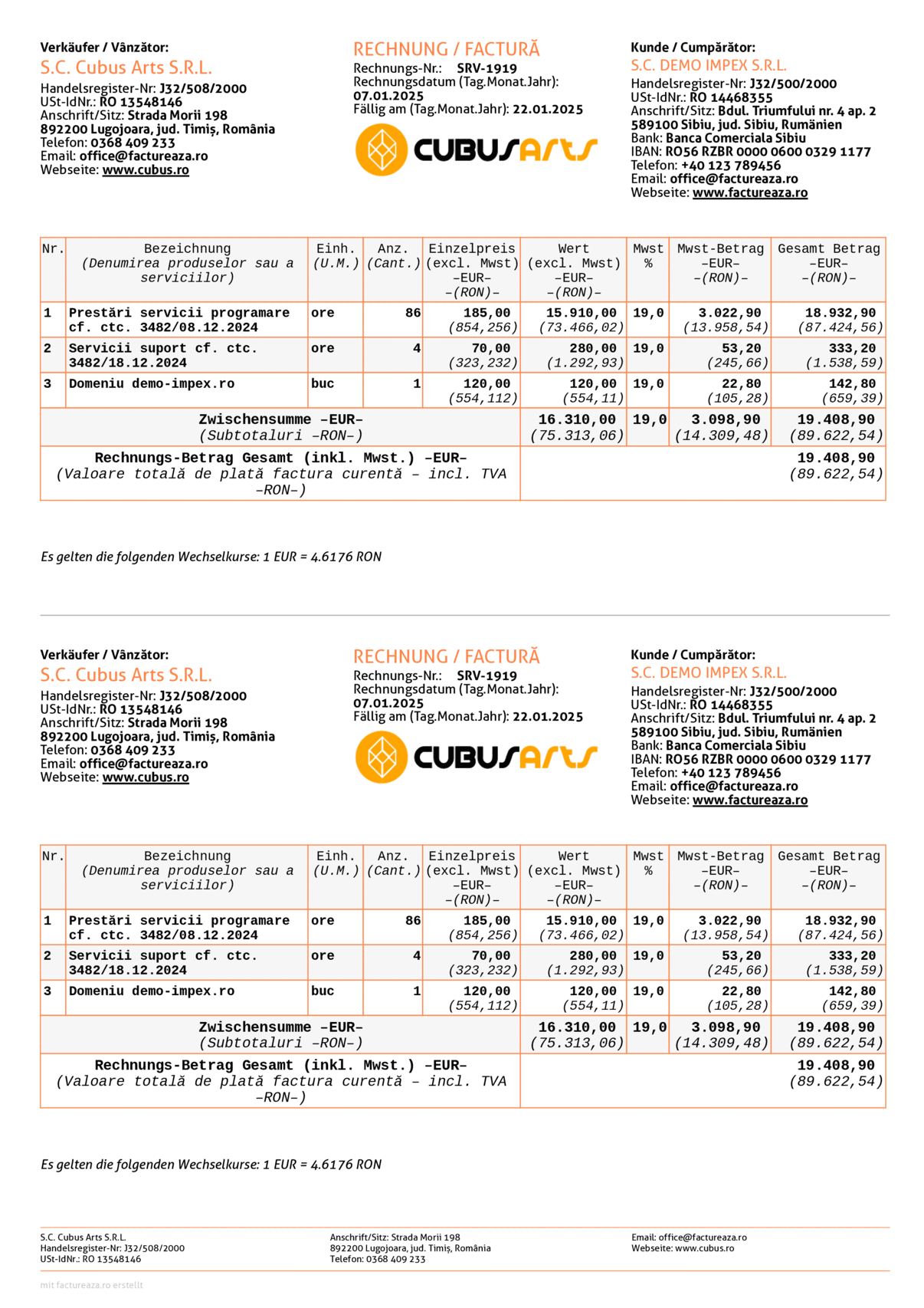 Factură 2x per A4, Euro + RON, germană