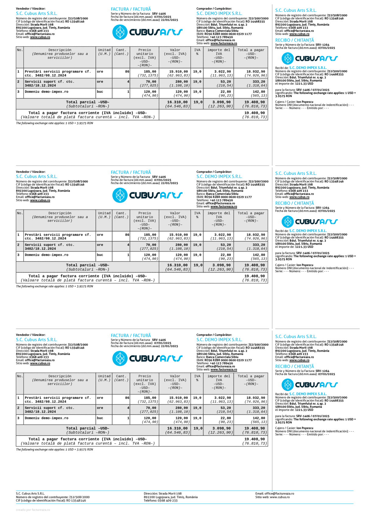 Factură și chitanță 3x per A4 (USD + RON), spaniolă